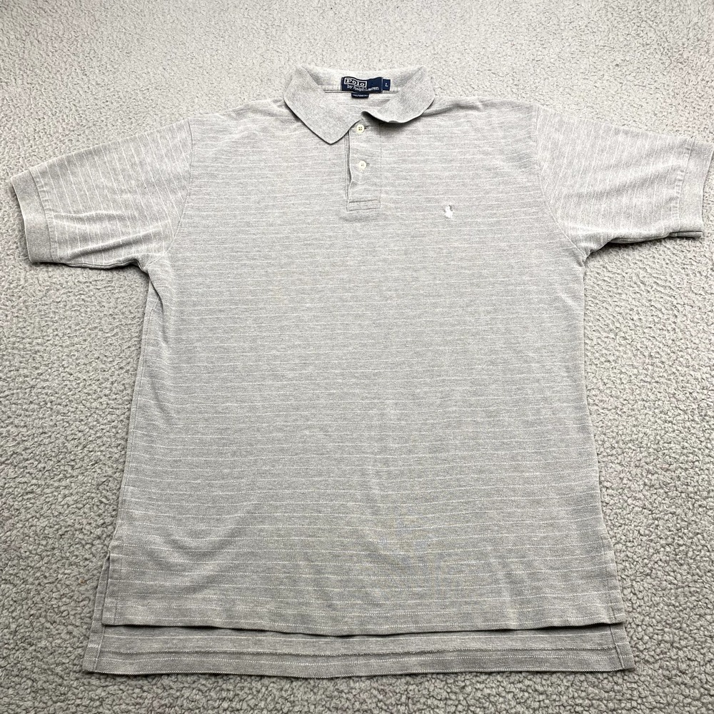 VINTAGE Ralph Lauren Polo Shirt Mens Large Gray Striped White Pony Casual Rugby